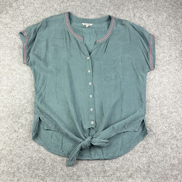 John Mark Top Blouse Womens Large Embroidered Button Tie Short Sleeve Boho* - Picture 1 of 13